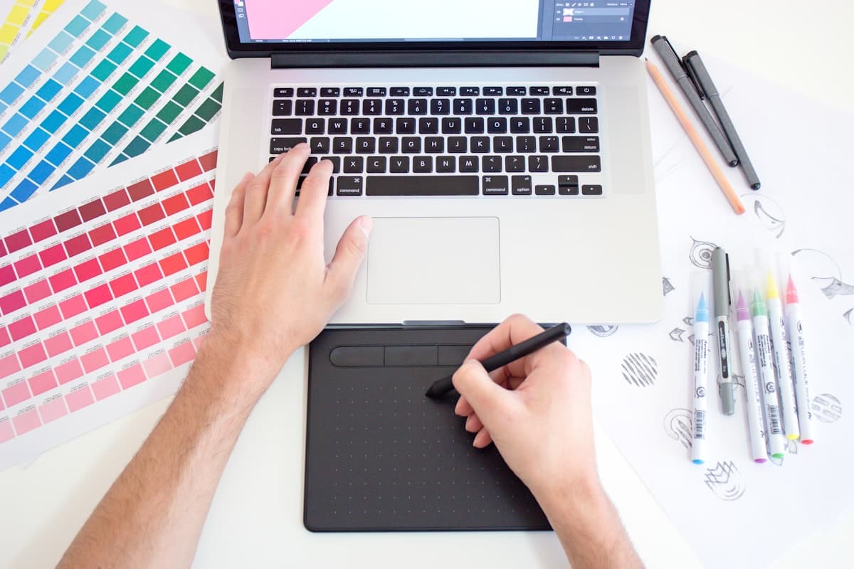 Colour swatches and sketches on a designer desk