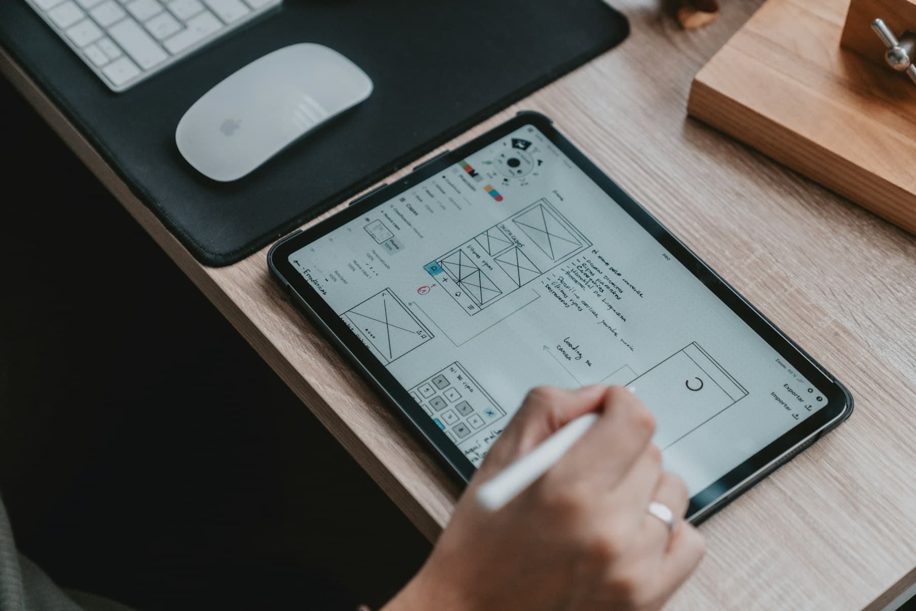 Designer sketching interface wireframes on a tablet